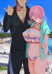 Rule 34 | 1boy, 1girl, absurdres, aoreyo, bad id, bad pixiv id, beach, bikini, blush, breasts, bulge, cheating (relationship), dark-skinned male, dark skin, embarrassed, erection, erection under clothes, faceless, faceless male, fate/grand order, fate (series), flying sweatdrops, highres, holding, large breasts, manly, mash kyrielight, mash kyrielight (swimsuit of perpetual summer ver.02), navel, nervous, netorare, nipples, official alternate costume, open mouth, outdoors, pink hair, purple eyes, short hair, smile, standing, sweat, sweatdrop, swimsuit