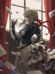 Rule 34 | 10s, 1girl, blonde hair, blue jacket, braid, brooch, brown gloves, curtains, envelope, from behind, gloves, goldcan, hair between eyes, hair intakes, hair ribbon, hand on own hip, hand up, highres, indoors, jacket, jewelry, letter, looking to the side, necklace, petals, pink lips, red ribbon, ribbon, skirt, solo, violet (flower), violet evergarden, violet evergarden (series), white neckwear, white skirt, window