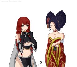 Rule 34 | 2girls, bare shoulders, black hair, breasts, cleavage, creator connection, crossover, eden&#039;s zero, fairy tail, hair ornament, irene belserion, japanese clothes, kurenai kogetsu, large breasts, long hair, midriff, mature female, multiple girls, navel, pelvic curtain, quad braids, red hair, revealing clothes, underboob