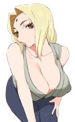 Rule 34 | 1girl, absurdres, blonde hair, breasts, brown eyes, cleavage, cowboy shot, facial mark, forehead mark, highres, japanese clothes, large breasts, leaning forward, long hair, looking at viewer, naruto, naruto (series), open mouth, simple background, solo, tsunade (naruto), white background, whoopsatro