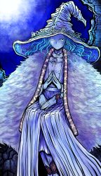 Rule 34 | 1girl, absurdres, blue eyes, blue hair, blue skin, cape, cloak, closed mouth, coat, colored skin, crack, cracked skin, dress, elden ring, extra arms, fur cloak, fur coat, hat, highres, jewelry, long hair, looking at viewer, nazo no diaboro, one eye closed, own hands together, ranni the witch, ring, smile, solo, wavy hair, witch, witch hat