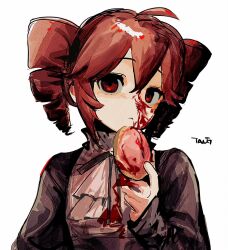 1girl :&lt; ahoge ascot black_shirt blush collared_shirt double-parted_bangs drill_hair food food_on_clothes food_on_face food_request hair_between_eyes highres holding holding_food jam kasane_teto long_sleeves red_eyes red_hair shirt signature simple_background solo tanglaoban1225 twin_drills utau white_ascot white_background