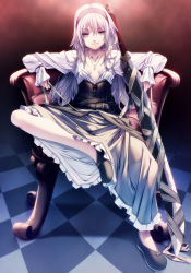 Rule 34 | 1girl, belt, blonde hair, blue eyes, bra, breasts, chair, checkered floor, cleavage, collarbone, corset, dress, feet on chair, flat chest, fleur-de-lis, frills, full body, hairband, jewelry, light smile, long hair, long sleeves, multiple belts, necklace, original, outstretched arms, rezi, ribbon, shoes, sitting, smile, smirk, solo, spread arms, sword, tile floor, tiles, triple wielding, underwear, weapon, white hair