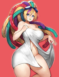 Rule 34 | 1girl, absurdres, blue eyes, breasts, cleavage, commission, dreadlocks, goggles, goggles on head, gurimjang, highres, large breasts, lipstick, makeup, multicolored hair, original, pixiv commission, rainbow hair, solo, thighs, towel