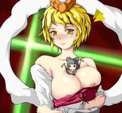 Rule 34 | 2girls, animal ears, bad id, bad pixiv id, between breasts, blonde hair, breasts, clothes pull, coropot, dowsing rod, female focus, hair ornament, large breasts, mini person, minigirl, mouse ears, multiple girls, nazrin, nipple slip, nipples, off shoulder, person between breasts, red eyes, shawl, shirt pull, short hair, toramaru shou, touhou, upper body, yellow eyes