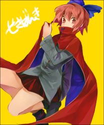 Rule 34 | 1girl, bad id, bad twitter id, bow, cape, character name, hair bow, long sleeves, ponpoko, red eyes, red hair, sekibanki, short hair, skirt, solo, touhou, yellow background