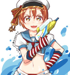 Rule 34 | 10s, 1girl, fingerless gloves, gloves, hand on own hip, hat, hoshizora rin, looking at viewer, love live!, love live! school idol festival, love live! school idol project, midriff, navel, orange hair, short hair, skull573, smile, solo, striped clothes, striped gloves, twitter username, water gun, yellow eyes