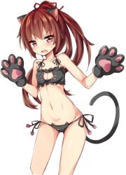 Rule 34 | &gt;:o, 10s, 1girl, :o, angry, animal ears, animal hands, battle girl high school, bell, black bra, black panties, blush, bra, breasts, brown eyes, brown hair, cat cutout, cat ear panties, cat ears, cat lingerie, cat tail, choker, cleavage, cleavage cutout, clothing cutout, cowboy shot, gloves, groin, hair ribbon, high ponytail, himukai yuri, hip focus, long hair, looking at viewer, meme attire, navel, neck bell, open mouth, panties, paw gloves, ponytail, red eyes, ribbon, side-tie panties, simple background, small breasts, solo, standing, string panties, sweatdrop, tail, unacchi (nyusankin), underwear, underwear only, v-shaped eyebrows, wavy mouth, white background