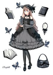 Rule 34 | 1girl, bag, black bow, black dress, black footwear, black pantyhose, blue eyes, book, bow, brown hair, bug, butterfly, center frills, detached collar, detached sleeves, dress, dress bow, earrings, finger to cheek, flower, footwear bow, frills, full body, gothic lolita, grey dress, grey hat, hair between eyes, hand mirror, hand on own elbow, handbag, hat, hat feather, hat flower, high heels, highres, iceblue, index finger raised, insect, jewelry, lace, lace-trimmed dress, lace trim, lolita fashion, long sleeves, looking at viewer, mirror, open book, original, pantyhose, pendant, puffy detached sleeves, puffy sleeves, pumps, simple background, sleeveless, sleeveless dress, solo, standing, star (symbol), star earrings, veil, wavy hair, white background