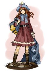 Rule 34 | 1girl, autumn-north, bag, blue eyes, boots, brown hair, character request, cross-laced footwear, dress, hat, lace-up boots, long hair, scarf, signature