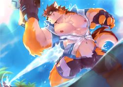 Rule 34 | 1boy, abs, absurdres, animal ears, bara, bare pectorals, barrel (cool gunfighter) (live a hero), barrel (live a hero), beige fur, biceps, black jammers, black male swimwear, brown fur, bulge, dog boy, dog ears, dog tail, dutch angle, feet out of frame, fluffy, furry, furry male, goggles, grin, highres, jammers, large bulge, large pectorals, live a hero, male focus, male swimwear, muscular, muscular male, navel, nipples, official alternate costume, open clothes, open shirt, orange fur, pectorals, ralefov, see-through, short hair, smile, solo, stomach, swimsuit, tail, thick thighs, thighs, wet, wet hair