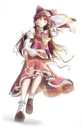 Rule 34 | 1girl, arm ribbon, ascot, blush, bow, breasts, brown footwear, brown hair, collar, detached sleeves, frilled collar, frilled shirt collar, frilled socks, frills, full body, gohei, hair bow, hair tubes, hakurei reimu, hand in own hair, looking to the side, looking up, midriff, multicolored hair, palinus, parted lips, red eyes, red hair, ribbon, shoes, simple background, small breasts, socks, solo, streaked hair, touhou, water, watermark, web address, white background, wind