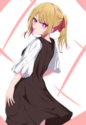 Rule 34 | 1girl, absurdres, alternate hairstyle, blonde hair, blush, brown dress, closed mouth, commentary, dress, food in mouth, highres, hoshino ruby, long hair, looking at viewer, looking back, oshi no ko, pink eyes, pocky, pocky in mouth, ponytail, samidarekinoko, sidelocks, solo, swept bangs, two-tone dress, white dress