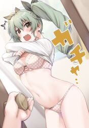 Rule 34 | 1girl, anchovy (girls und panzer), bow, bow panties, bra, breasts, brown eyes, doorway, drill hair, girls und panzer, green hair, hair ribbon, highres, looking at viewer, medium breasts, navel, open mouth, opening door, panties, pink bra, pink panties, polka dot, polka dot bra, polka dot panties, pov, pov doorway, pov hands, ribbon, shirt, solo focus, stomach, surprised, tarou (komekueyo), twin drills, twintails, underwear, undressing, white shirt