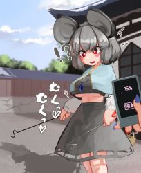 Rule 34 | !?, 1girl, animal ears, blush, breast expansion, breasts, commentary, cowboy shot, dowsing rod, dress, gold trim, grey dress, grey hair, grey skirt, highres, holding, holding phone, holding with tail, jewelry, large breasts, long sleeves, medium hair, midriff peek, mouse ears, mouse girl, mouse tail, nazrin, open mouth, pendant, phone, prehensile tail, red eyes, skirt, standing, tail, touhou, underboob, zakozako y