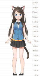 Rule 34 | 1girl, :d, absurdres, aina (mao lian), animal ear fluff, animal ears, arms at sides, bare arms, black bow, black bowtie, blue eyes, blue vest, bow, bowtie, brown footwear, brown hair, cat ears, cat tail, collared shirt, full body, height chart, highres, long hair, looking at viewer, mao lian (nekokao), miniskirt, open mouth, original, pleated skirt, pouch, shirt, shoes, skirt, smile, solo, tail, vest, white shirt, wing collar