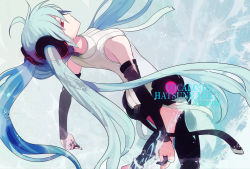 Rule 34 | 1girl, aqua hair, bad id, bad pixiv id, bridal gauntlets, elbow gloves, female focus, fingerless gloves, gloves, gradient background, harano, hatsune miku, hatsune miku (append), long hair, necktie, red eyes, solo, twintails, very long hair, vocaloid, vocaloid append