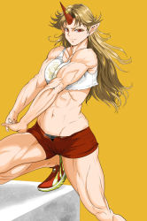 Rule 34 | &gt;:), 1girl, abs, blonde hair, crop top, earrings, female focus, horns, hoshiguma yuugi, jewelry, long hair, looking at viewer, midriff, muscular, muscular female, nail polish, navel, no socks, own hands clasped, own hands together, pointy ears, red eyes, shoes, short shorts, shorts, simple background, single horn, sneakers, solo, stretching, touhou, tsurui, unzipped, v-shaped eyebrows, yellow background