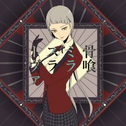 Rule 34 | 1girl, black gloves, black skirt, blazer, blunt bangs, breasts, character name, collared shirt, commentary request, cowboy shot, earrings, gingham, gingham skirt, gloves, half gloves, honebami miroslava, hyakkaou academy school uniform, jacket, jewelry, kakegurui, large breasts, long sleeves, looking at viewer, parted lips, partial commentary, pink lips, pleated skirt, red jacket, school uniform, shirt, short hair with long locks, silver hair, skirt, solo, stud earrings, white shirt, yellow eyes, zabuton dorobou
