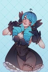 Rule 34 | 1girl, ahoge, black bow, black gloves, black panties, blush, bow, breasts, cleavage, covered navel, cowboy shot, dress, drill hair, frilled dress, frills, gloves, green eyes, green hair, groin, gwen (league of legends), hair bow, highres, large breasts, league of legends, leaning forward, long hair, looking at viewer, panties, poposhirat, puffy short sleeves, puffy sleeves, see-through, see-through dress, short sleeves, solo, twin drills, twintails, underwear