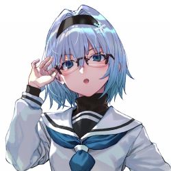 Rule 34 | 1girl, adjusting eyewear, arm up, bespectacled, black hairband, blue eyes, blue hair, blue neckerchief, glasses, hair ornament, hairband, long sleeves, looking at viewer, neckerchief, official art, parted lips, ryuuou no oshigoto!, shirabi, short hair, snowflake hair ornament, solo, sora ginko, upper body