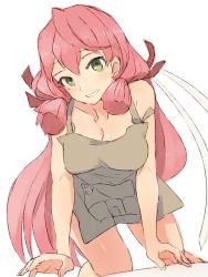 Rule 34 | 1girl, akashi (kancolle), alchera, all fours, apron, blunt tresses, breasts, brown apron, commentary request, green eyes, hair ribbon, headband, kantai collection, large breasts, long hair, naked apron, pink hair, ribbon, simple background, solo, tress ribbon, white background, white headband