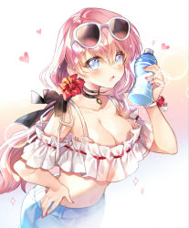Rule 34 | 1girl, :o, bare shoulders, black choker, black ribbon, blue eyes, blue shorts, blush, bottle, breasts, character request, choker, cleavage, collarbone, crop top, eyewear on head, final fantasy, final fantasy xiv, flower, gradient background, hair flower, hair ornament, hair ribbon, hand on own hip, hand up, heart, holding, holding bottle, large breasts, long hair, looking at viewer, midriff, nail polish, navel, open mouth, pingo, pink hair, pink nails, red flower, ribbon, shorts, solo, stomach, sunglasses, upper body, warrior of light (ff14), white-framed eyewear