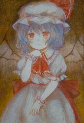 Rule 34 | 1girl, absurdres, blue hair, blush, closed mouth, hat, highres, looking at viewer, mob cap, puffy short sleeves, puffy sleeves, red eyes, remilia scarlet, short hair, short sleeves, solo, svveetberry, touhou, wings