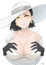 Rule 34 | 1girl, alcina dimitrescu, aori sora, bare shoulders, black flower, black gloves, black hair, black rose, bra, breasts, cleavage, collarbone, corsage, earrings, flower, gloves, hands on own chest, hat, highres, jewelry, large breasts, mature female, off shoulder, parted lips, pearl earrings, pink lips, resident evil, resident evil village, rose, short hair, sun hat, underwear, white background, white bra, white headwear, yellow eyes