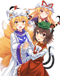 Rule 34 | 3girls, :d, :p, ;), animal ear fluff, animal ears, animal hat, blonde hair, blush, bow, bowtie, breasts, brown eyes, brown hair, cat ears, cat tail, chen, choker, commentary request, cowboy shot, dress, e.o., earrings, fox tail, frilled shirt collar, frilled sleeves, frills, gap (touhou), green hair, hair between eyes, hat, hat ribbon, highres, holding hands, interlocked fingers, jewelry, long hair, long sleeves, looking at viewer, medium breasts, mob cap, multiple girls, multiple tails, nekomata, ofuda, one eye closed, open mouth, petticoat, purple dress, red bow, red choker, red dress, red eyes, red ribbon, ribbon, ribbon choker, shirt, short hair, sidelocks, simple background, smile, tabard, tail, tongue, tongue out, touhou, two tails, white background, white bow, white dress, white hat, white neckwear, white shirt, wide sleeves, yakumo ran, yakumo yukari, yellow eyes