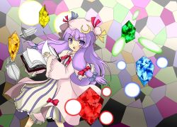 Rule 34 | 1girl, book, crescent, danmaku, female focus, hat, knife, kumatoshi, long hair, patchouli knowledge, purple eyes, purple hair, solo, spell card, stained glass, touhou