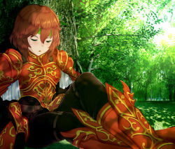 Rule 34 | 1girl, absurdres, armor, black legwear, breasts, closed eyes, fire emblem, forest, green headband, headband, highres, makumaxu, medium breasts, medium hair, minerva (fire emblem), nature, nintendo, outdoors, parted lips, plate armor, red armor, red hair, sleeping, solo, tree, under tree