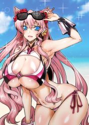 Rule 34 | 1girl, absurdres, armpits, bikini, breasts, cleavage, day, eyes visible through hair, gggg, highres, large breasts, multicolored bikini, multicolored clothes, outdoors, pink bikini, pink hair, skindentation, solo, swimsuit, wet