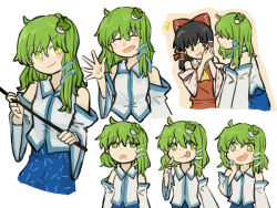 Rule 34 | 2girls, ahoge, ascot, bare shoulders, black eyes, black hair, blue skirt, blush, bow, breasts, closed eyes, closed mouth, collared dress, collared shirt, detached sleeves, dress, eyes visible through hair, frills, frog hair ornament, gohei, green eyes, green hair, grey shirt, hair between eyes, hair ornament, hair tubes, hakurei reimu, hand on another&#039;s face, hand on own face, hand up, hands up, haojbleng, highres, kochiya sanae, long sleeves, looking to the side, looking up, medium breasts, medium hair, multiple girls, open mouth, orange background, pointing, red bow, red dress, shirt, short hair, simple background, skirt, smile, snake hair ornament, standing, tongue, tongue out, touhou, v-shaped eyebrows, white background, wide sleeves, yellow ascot, yuri