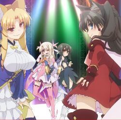 Rule 34 | 4girls, animal ears, bare shoulders, black hair, blonde hair, blue eyes, boots, bow, breasts, brown hair, cape, cat ears, cat girl, commentary request, detached sleeves, dress, fake animal ears, fake tail, fate/kaleid liner prisma illya, fate (series), feather hair ornament, feathers, gloves, hair between eyes, hair ornament, hand on own thigh, highres, holding, illyasviel von einzbern, large breasts, light, long hair, looking at viewer, luviagelita edelfelt, magical girl, magical ruby, magical sapphire, miyu edelfelt, multiple girls, no nose, official art, open mouth, pink dress, pink footwear, pink thighboots, pink thighhighs, prisma illya, purple sleeves, red dress, red eyes, shoes, sleeveless, sleeveless dress, solo, stage lights, straight hair, tail, thighhighs, thighs, tohsaka rin, white gloves, yellow eyes, zettai ryouiki