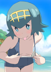 Rule 34 | 1girl, bare arms, bare shoulders, bent over, blue eyes, blue hair, blue sky, breasts, closed mouth, clothes pull, cloud, cloudy sky, collarbone, cowboy shot, creatures (company), day, downblouse, flashing, game freak, hairband, highres, lana (pokemon), li (lithium0522), light areolae, looking at viewer, nintendo, nipple slip, nipples, one-piece swimsuit, one-piece swimsuit pull, outdoors, pokemon, pokemon (anime), pokemon sm, pokemon sm (anime), pulling own clothes, sky, small breasts, solo, swimsuit, tongue, tongue out