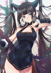Rule 34 | 1girl, bare shoulders, black dress, black hair, blue eyes, blunt bangs, blush, breasts, china dress, chinese clothes, cleavage, closed mouth, detached sleeves, dress, fate/grand order, fate (series), hair ornament, karen ngao, long hair, looking at viewer, medium breasts, pipa (instrument), short dress, sidelocks, smile, solo, thighs, twintails, very long hair, yang guifei (fate), yang guifei (second ascension) (fate)