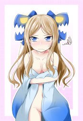Rule 34 | 10s, 1girl, asakaze (kancolle), bare shoulders, blonde hair, blue eyes, blush, breasts, breasts apart, collarbone, embarrassed, expressive clothes, frown, glowing, glowing eyes, groin, hair ribbon, ichimi, kantai collection, long hair, looking at viewer, navel, no bra, no panties, off shoulder, ribbon, slit pupils, small breasts, solo, squiggle