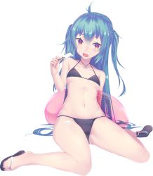Rule 34 | 1girl, ahoge, aqua hair, arm behind back, arm support, bare legs, bare shoulders, bikini, black bikini, blush, breasts, dev (dev0614), food, food on face, ice cream, innertube, jewelry, long hair, looking at viewer, million arthur (series), navel, necklace, original, popsicle, purple eyes, sandals, simple background, single sandal, sitting, small breasts, solo, swim ring, swimsuit, two side up, very long hair, wariza, white background