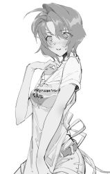 Rule 34 | 1girl, alternate costume, bad id, bad twitter id, breasts, copyright name, greyscale, gunsmith cats, looking down, medium breasts, medium hair, monochrome, rally vincent, shirt, solo, suiso (owp), white shirt