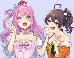 Rule 34 | 2girls, ahoge, bare shoulders, blue eyes, blush, breasts, brown hair, candy hair ornament, checkered background, collarbone, commentary request, crown, dress, food-themed hair ornament, green eyes, hair between eyes, hair ornament, heterochromia, himemori luna, himemori luna (1st costume), hololive, jewelry, long hair, looking at viewer, mikan (chipstar182), multiple girls, natsuiro matsuri, natsuiro matsuri (1st costume), open mouth, pink background, pink hair, purple eyes, purple hair, ribbon, side ponytail, smile, virtual youtuber