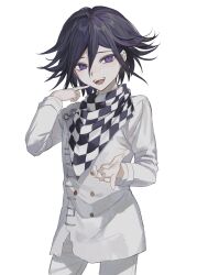 Rule 34 | 1boy, black hair, checkered clothes, checkered scarf, danganronpa (series), danganronpa v3: killing harmony, hair between eyes, highres, long sleeves, looking at viewer, male focus, multicolored hair, oma kokichi, open mouth, pants, purple eyes, purple hair, scarf, simple background, solo, straitjacket, teeth, torn clothes, upper teeth only, white background, zaso