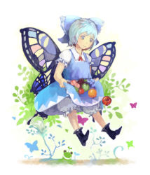 Rule 34 | 1girl, alternate wings, apple, bad id, bad pixiv id, bug, butterfly, butterfly wings, cirno, fairy, food, frog, fruit, grapes, insect, insect wings, multicolored wings, orange (fruit), peach, shoutarou (tibi2), skirt basket, solo, touhou, wings