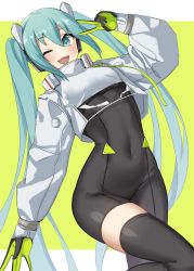 Rule 34 | 1girl, ;d, absurdres, arm up, asymmetrical bodysuit, black bodysuit, black thighhighs, bodysuit, commentary request, cropped jacket, gloves, green background, green eyes, green gloves, green hair, hatsune miku, highres, jacket, kopaka (karda nui), long hair, long sleeves, looking at viewer, one eye closed, open mouth, puffy long sleeves, puffy sleeves, racing miku, racing miku (2022), sidelocks, single thighhigh, smile, solo, thighhighs, twintails, two-tone background, v, very long hair, vocaloid, white background, white jacket