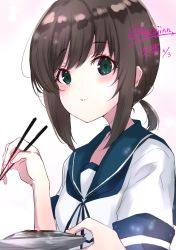 Rule 34 | 1girl, black hair, blue sailor collar, character name, chopsticks, commentary request, dated, fish, fubuki (kancolle), green eyes, highres, kantai collection, long hair, low ponytail, na-code (gurich), parted lips, ponytail, sailor collar, saury, school uniform, serafuku, short ponytail, sidelocks, solo, twitter username, upper body