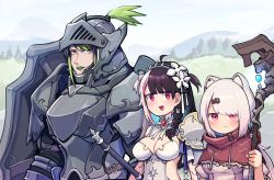 Rule 34 | 1boy, 2girls, alternate costume, animal ears, armor, black hair, blush, braid, breastplate, breasts, cat ears, cleavage, commentary request, day, detached collar, dress, earrings, eyebrows hidden by hair, green hair, green lips, hair ornament, hair over one eye, hairband, hairclip, hanabatake chaika, hatyuuruinohito, helm, helmet, highres, holding, holding staff, jewelry, long hair, looking at viewer, medium breasts, multicolored hair, multiple girls, nijisanji, official alternate costume, open mouth, outdoors, pink dress, pink hair, poncho, puffy short sleeves, puffy sleeves, red eyes, shield, shiina yuika, short sleeves, shoulder armor, split-color hair, staff, strapless, strapless dress, streaked hair, sword, two side up, upper body, virtual youtuber, weapon, white dress, white hair, yellow eyes, yorumi rena, yorumi rena (8th costume)