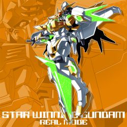 Rule 34 | 10s, character name, full body, glowing, green eyes, gundam, gundam build fighters, gundam build fighters try, hand up, kouchi (kouichi-129), kouichi (kouichi-129), mecha, neon trim, no humans, orange background, outline, outstretched arm, robot, shadow, solo, star winning gundam, star winning gundam (real mode), wings, zoom layer