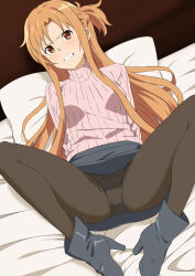 Rule 34 | 1girl, aji n, ankle boots, asuna (sao), boots, braid, breasts, brown eyes, brown hair, clenched teeth, clothes lift, commentary request, french braid, glaring, grey footwear, grey shirt, half up braid, high heel boots, high heels, highres, long hair, looking at viewer, lying, medium breasts, on back, on bed, panties, panties under pantyhose, pantyhose, pencil skirt, pink sweater, ribbed sweater, shirt, short ponytail, skirt, skirt lift, solo, spread legs, sweater, sword art online, tears, teeth, turtleneck, turtleneck sweater, underwear, very long hair