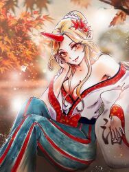 1girl autumn_leaves bare_shoulders blonde_hair blue_sky breasts cleavage closed_mouth commentary_request cone_horns happy horns hoshiguma_yuugi japanese_clothes kimono leaf long_hair long_sleeves medium_breasts parted_bangs pointy_ears red_eyes red_horns red_skirt sahanna sitting skirt sky smile solo touhou traditional_media tree white_kimono wide_sleeves