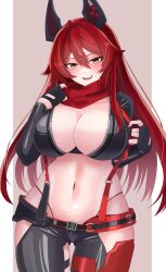 Rule 34 | 1girl, :d, absurdres, ahoge, black gloves, black jacket, black pants, breasts, cleavage, commentary, cowboy shot, cropped jacket, crotch plate, fang, fingerless gloves, gloves, gluteal fold, goddess of victory: nikke, hair between eyes, hair flaps, highres, hip vent, horns, jacket, large breasts, leather, leather jacket, leather pants, long hair, long sleeves, looking at viewer, mechanical horns, navel, open mouth, pants, red hair, red hood (nikke), red scarf, scarf, scarf pull, sidelocks, smile, solo, standing, stomach, suspenders, suspenders pull, teeth, upper teeth only, yellow eyes, yuura (yuura ephyra)